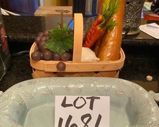 Lot 1681. $18.00. Two handled ceramic serving dish, Basket w/ fruit, veggis and bread