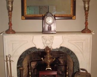 Living Room: The marble fireplace is a great place to display several decorative items:  a pair of newer, tall lighted sconces; a large black/gold frame mirror; a mantel clock ("New Haven") SOLD; brass fireplace tools, tall brass candle holder, and andirons.  A  vintage brass Samovar rests on a small table just to the left of a vintage brass coal box/skuttle.
