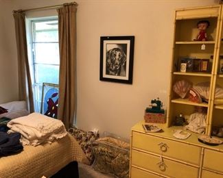 Dog print, stained glass, queen bed, sheets, etc