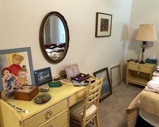 Vintage mirror, desk and chair, watercolor painting 