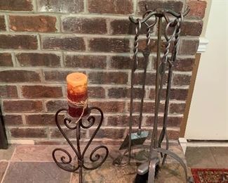 Fireplace tools and metal candle holders 