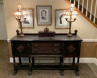 Antique buffet pair of matching lamps and artwork 