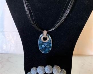 Chicos Blue Glass Pendant Necklace and Blue Large Bead Bracelet