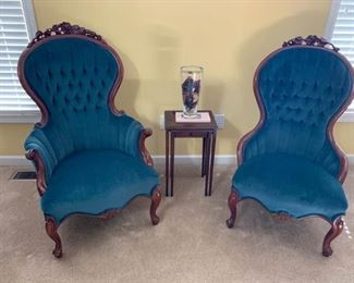 Two Teal Suede Chairs with Stacking End Tables