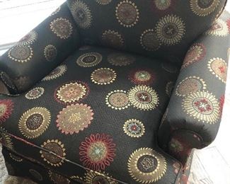 $265 each  /King Hickory Arm Chairs (have two) Reupholstered in beautiful black with jewel-tone medallions fabric. Measures:  34" wide x 36" tall x 37" deep