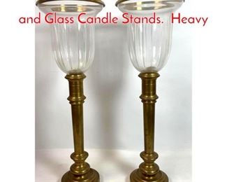 Lot 1021 Pair RALPH LAUREN Brass and Glass Candle Stands. Heavy