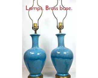 Lot 1203 Pair Blue Glazed Table Lamps. Brass base. 