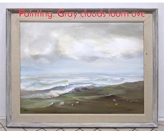 Lot 1204 FARRIS Overcast Seashore Painting. Gray clouds loom ove