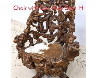 Lot 1262 Unusual Twisted Root Swivel Chair with Cow Hide Seat. H