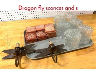 Lot 1380 Lot with 6 clear glass shades, Dragon fly sconces and s