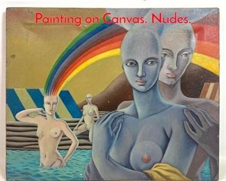 Lot 1411 Small Artist Signed Surreal Painting on Canvas. Nudes. 