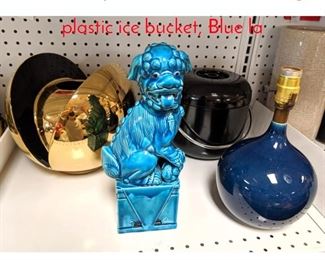 Lot 1437 4pc lot Salt Glaze foo dog, plastic ice bucket, Blue la