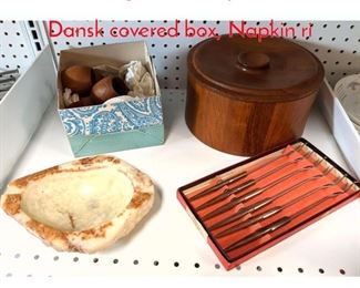Lot 1446 Agate ashtray, teak forks, Dansk covered box, Napkin ri