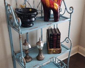 painted blue shelf with decor