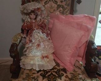 Renaissance revival chair, vintage dolls