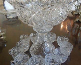 Depression era Crystal punch bowl on stand, with ladle and cups