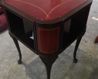 Top view of leather top end table with open side and storage