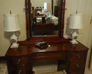 Traditional mahogany vanity with three drawers on each side, mirror, cute little vanity stool