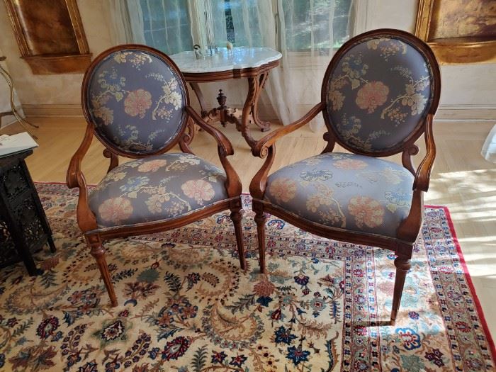 Pair of Embroidered Damask Arm Chairs - 40"H X 20" W