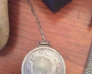 Antique French Silver Ladies Compact / Memories Box / Locket / Pill Box on Vintage Fancy Link Brittania Silver Chain 
