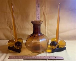 P-LR-109  $14  Vintage Tiara Amber Glass, Colonial Water Bottle Vase