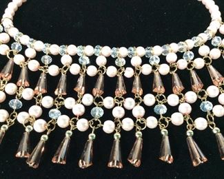 Arts & Crafts Era Pink Crystal & Pearl Necklace