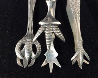 Lot 3 Bird Claw Sterling Silver Ice Tongs