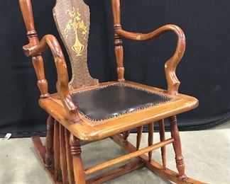Vintage Wooden Rocking Chair W Leather Seat