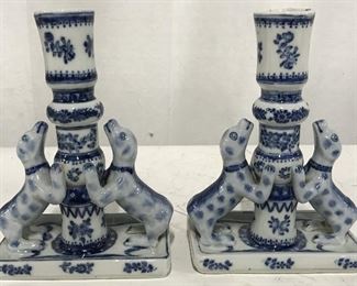 Pair Signed Chinese Porcelain Candlestick Holders