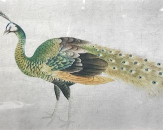 Signed Gold Leaf Framed Asian Watercolor Peacock