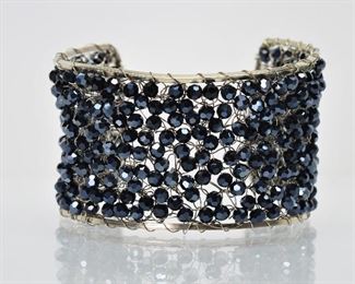 Midnight Blue Crystal Beaded Wide Cuff Bracelet