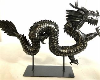 Asian Metal Dragon Sculpture on Stand
