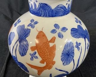 Signed Chinese Blue Orange White Ceramic Vase