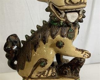 Asian Ceramic Foo Dog on Wood Base