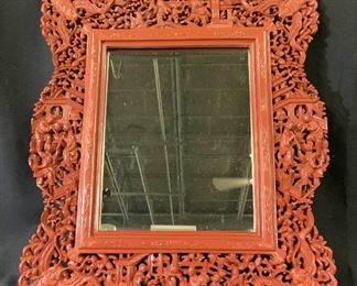 Chinese Framed Mirror, Cinnabar style carved Frame