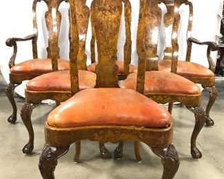 6 Antique Queen Anne Danish Marquetry Wood Chairs