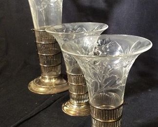 Set 3 Silver & Cut Crystal Vntg Trumpet Vases