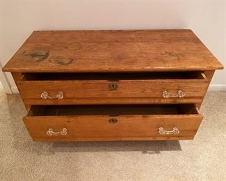 Antique primitive two drawer dresser/blanket chest with original glass handles