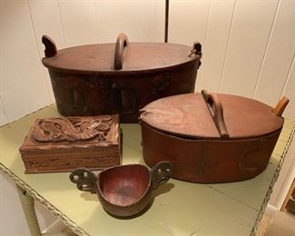 Norwegian artifacts including an 18th Century kasa ale cup, all brought over from Norway around 1900 in the wood steamer trunk also being sold