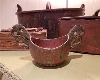 Norwegian artifacts including an 18th Century kasa ale cup, all brought over from Norway around 1900 in the wood steamer trunk also being sold