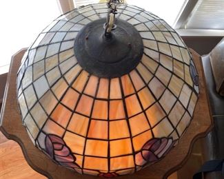 Very large antique leaded slag glass hanging light fixture.  20 1/2” diameter