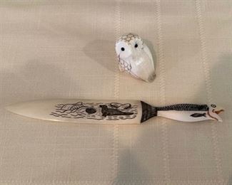ca. 1950 Walrus ivory scrimshaw letter opener by Leo Kunnuk and an unsigned walrus ivory owl