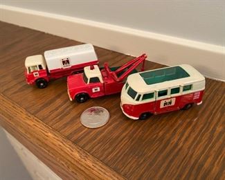 Lesney Matchbox with early “repaint” of Midland Red & White color block and decals.  Series No. 25 Petrol, No. 13 Dodge Wreck Truck and No. 34 Volkswagen Caravette