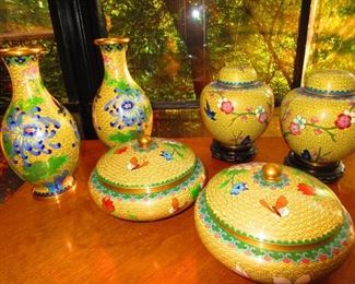 Cloisonne Vases $135.00 pair, Powder Boxes $135.00 pair, Small Ginger Jars $95.00 pair