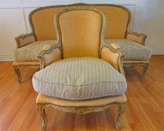 French Deconstructed Sofa and Chair Wearing Linen and Burlap- Sofa $1,300.00, Chair $450.00