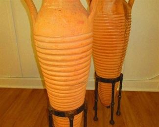 Large Terra Cotta Vases in Iron Stands $125.00 each