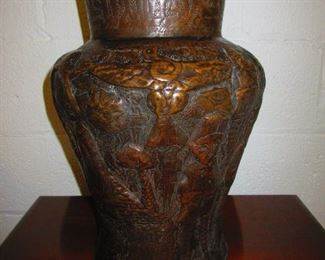 Tooled Copper Figural Floor Vase $155.00