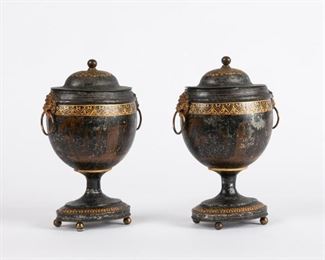 39: 19th c. English Regency Tole Chestnut Urns, Pair