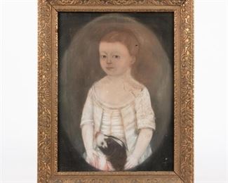 46: 1780 Naive Pastel Portrait of Boy and Dog