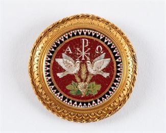 74: 18k Gold Pietra Dura Brooch w/ Christian Imagery, 19th